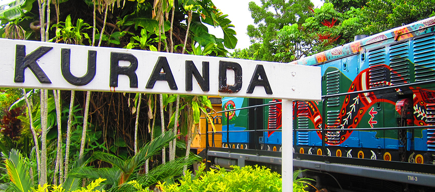 Kuranda train station with the Kuranda Scenic Rail waiting for boarding